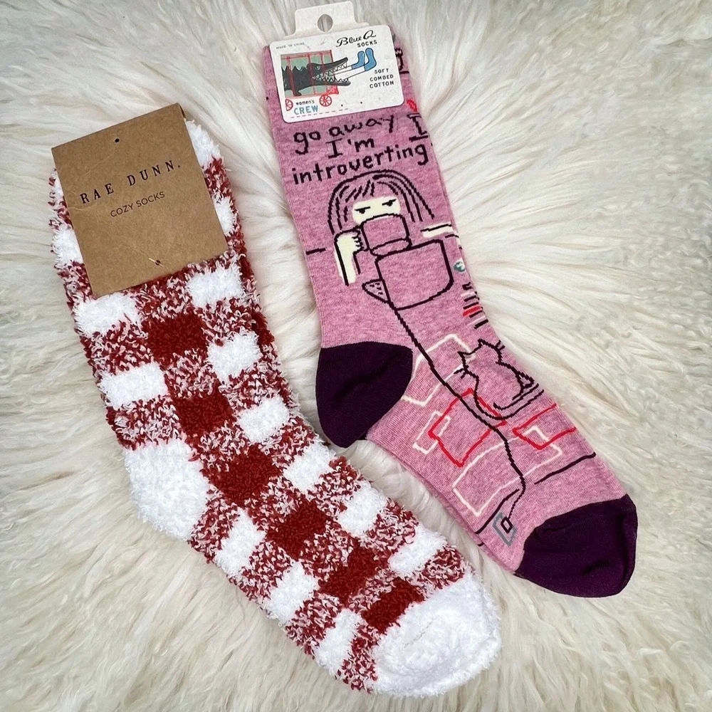 Socks Lot Rae Dunn Buffalo Plaid + Blue Q Introvert White Rust Pink Purple 4-10